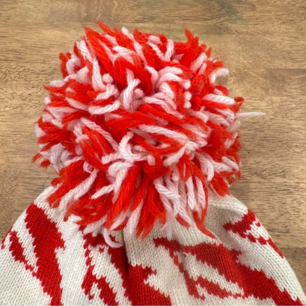 Deep Powder Design Dolphin Knit Beanie Hat Pom Pom Red White Wool Outdoor Ski